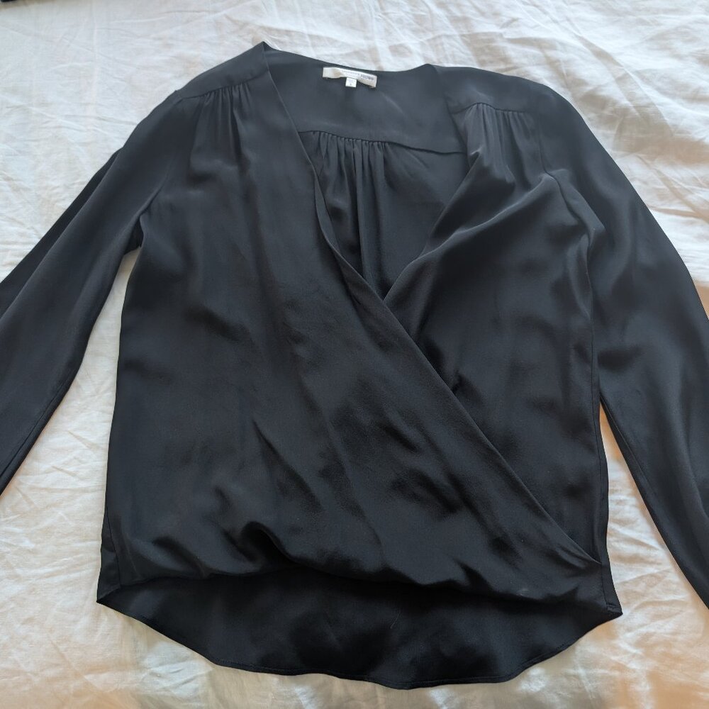 Lavender Brown 100% Silk Black Faux Wrap Blouse- Small